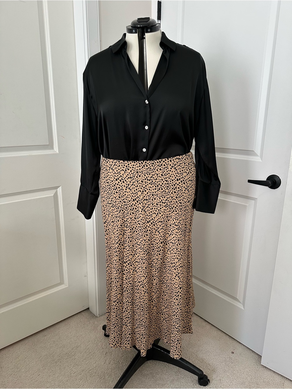 Mango Beige and Black Leopard Print Midi Skirt